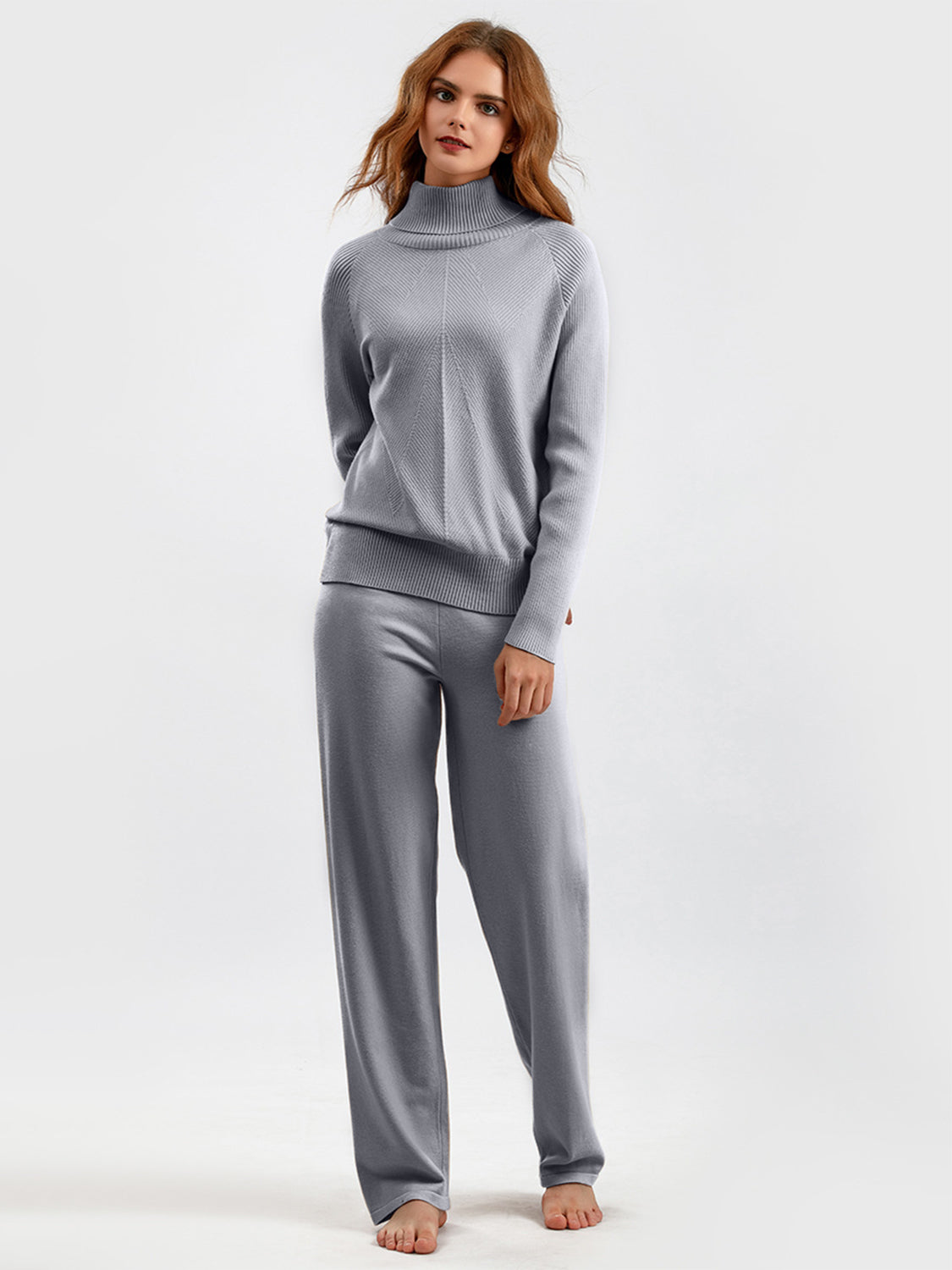 Turtleneck Raglan Sleeve Top and Pants Sweater Set Gray One Size Pant Sets JT's Designer Fashion