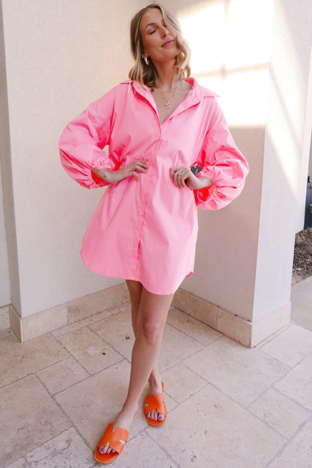 Bright Pink Balloon Sleeve Button Up Mini Shirt Dress Mini Dresses JT's Designer Fashion