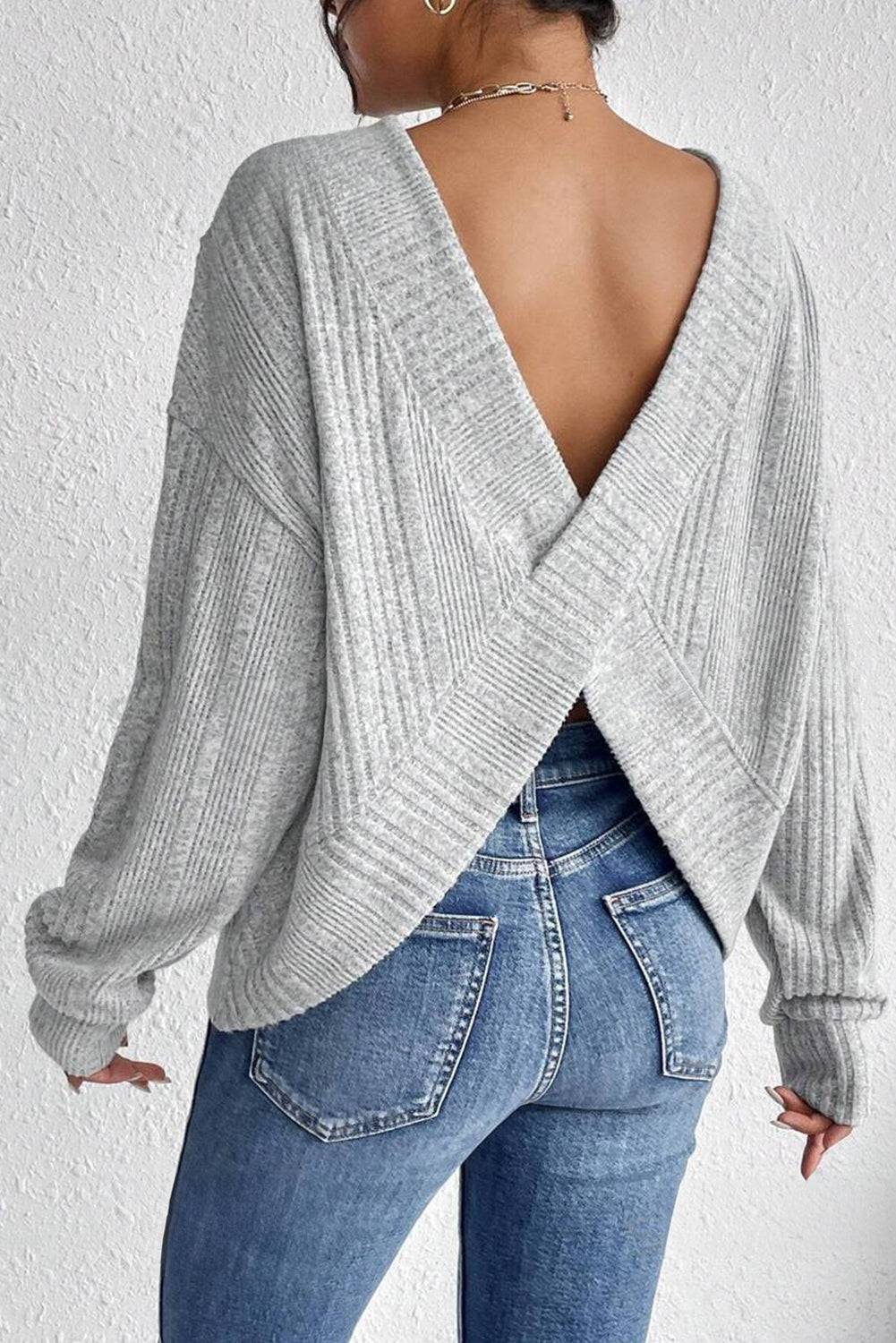 Light Grey Textured Crossover Backless Knit Long Sleeve Top Long Sleeve Tops JT's Designer Fashion