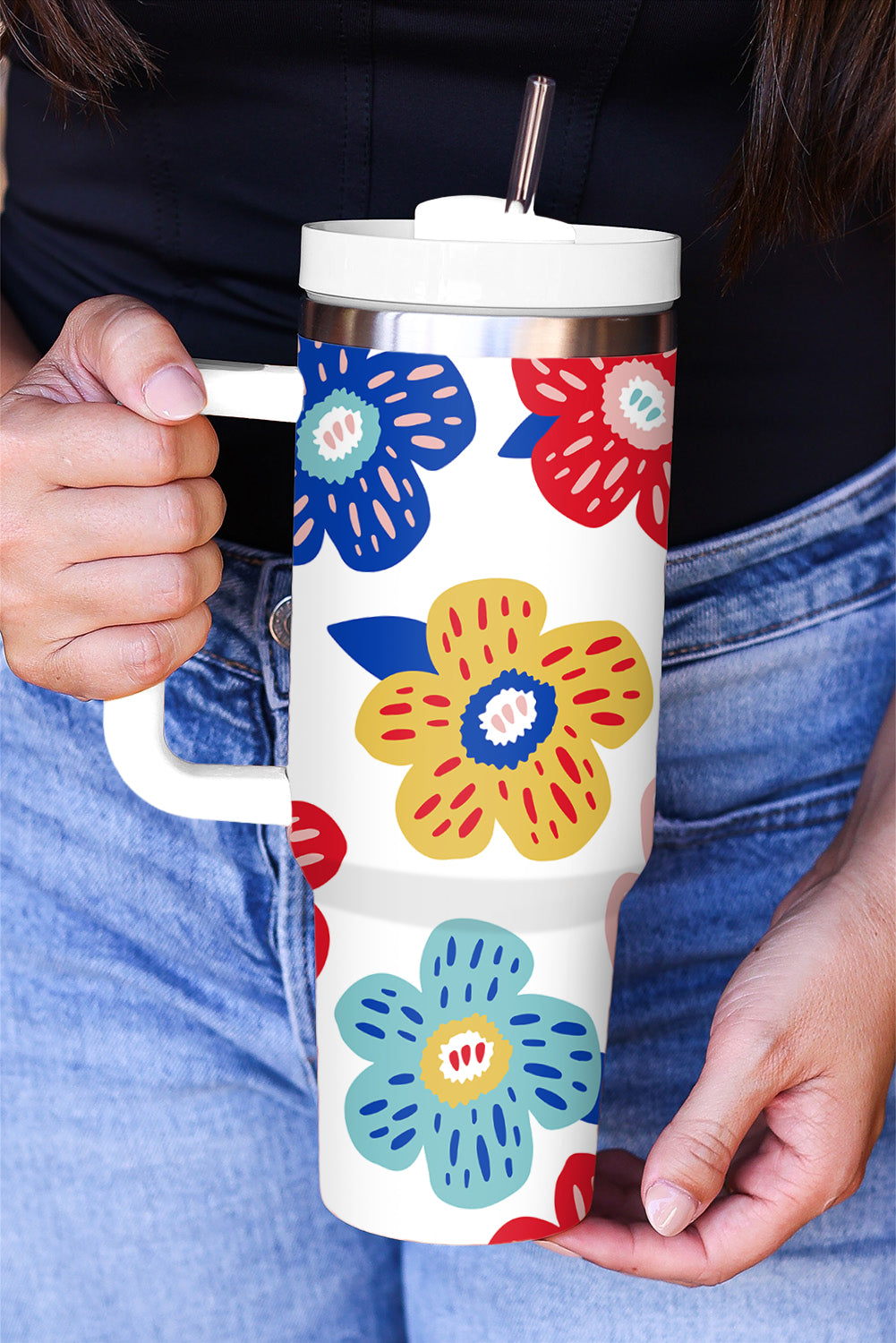 White Flower Pattern Stainless Vacuum Cup with Handle 40oz Tumblers JT's Designer Fashion