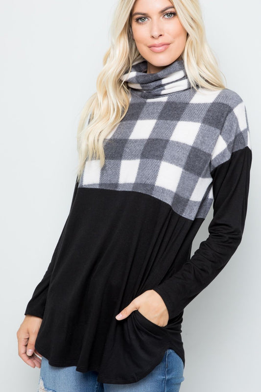 Celeste Full Size Pocketed Plaid Turtleneck Long Sleeve Blouse Black White Plaid Long Sleeve Tops JT's Designer Fashion