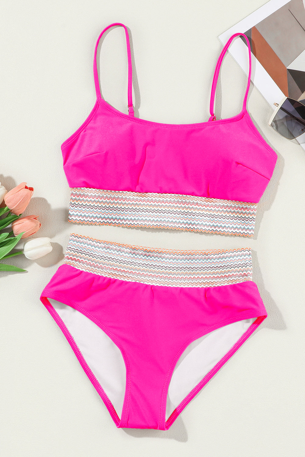 Rose Striped Patchwork Spaghetti Strap High Waist Bikini Swimsuit Swimwear JT's Designer Fashion