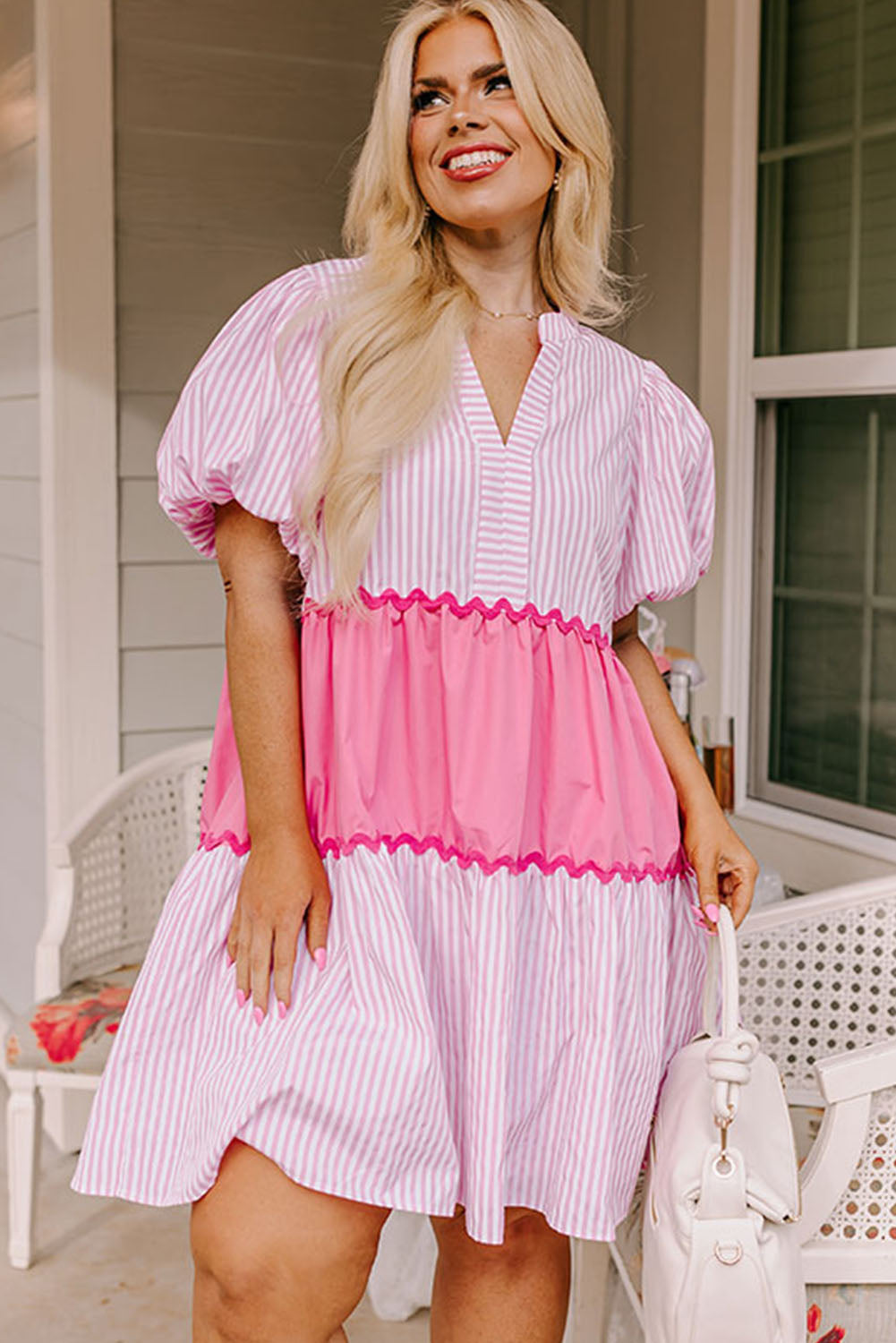 Pink Ricrac Block Accent Puff Short Sleeve Flowy Plus Dress Plus Size JT's Designer Fashion