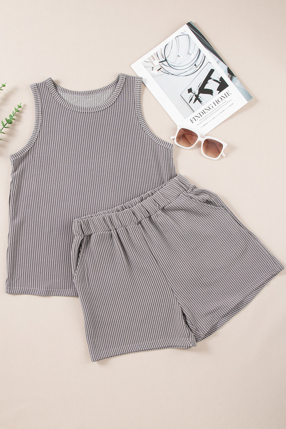 Medium Grey Corded Sleeveless Top and Pocketed Shorts Set Bottoms JT's Designer Fashion