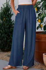 Sail Blue Side Pockets Frilled Smocked High Waist Wide Leg Jeans Jeans JT's Designer Fashion