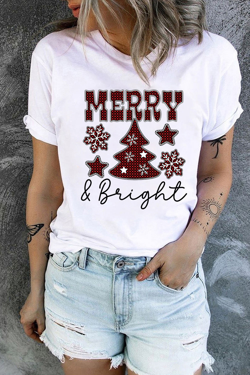 White MERRY and Bright Plaid Print Christmas Crewneck T Shirt Graphic Tees JT's Designer Fashion