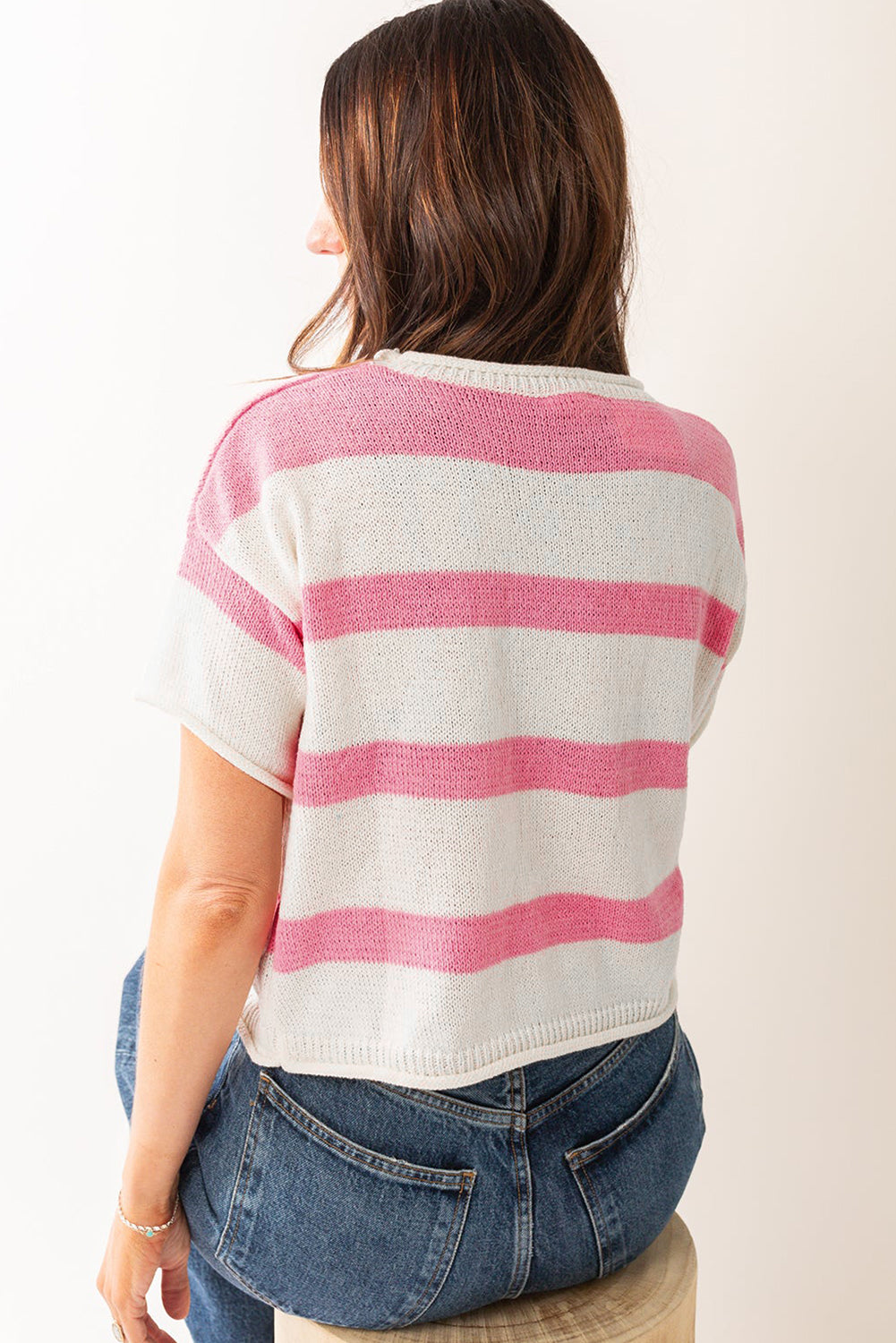 Pink Stripe Dropped Short Sleeve Lightweight Knitted Top Pre Order Sweaters & Cardigans JT's Designer Fashion