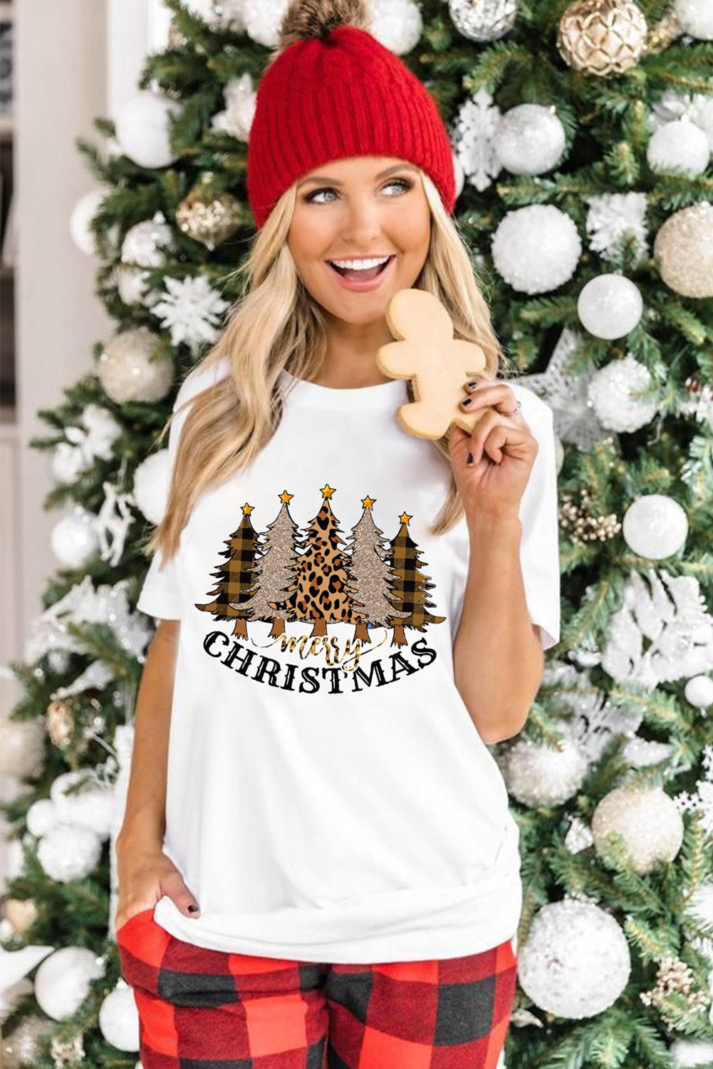 White Merry Christmas Plaid Leopard Trees Graphic T Shirt Graphic Tees JT's Designer Fashion