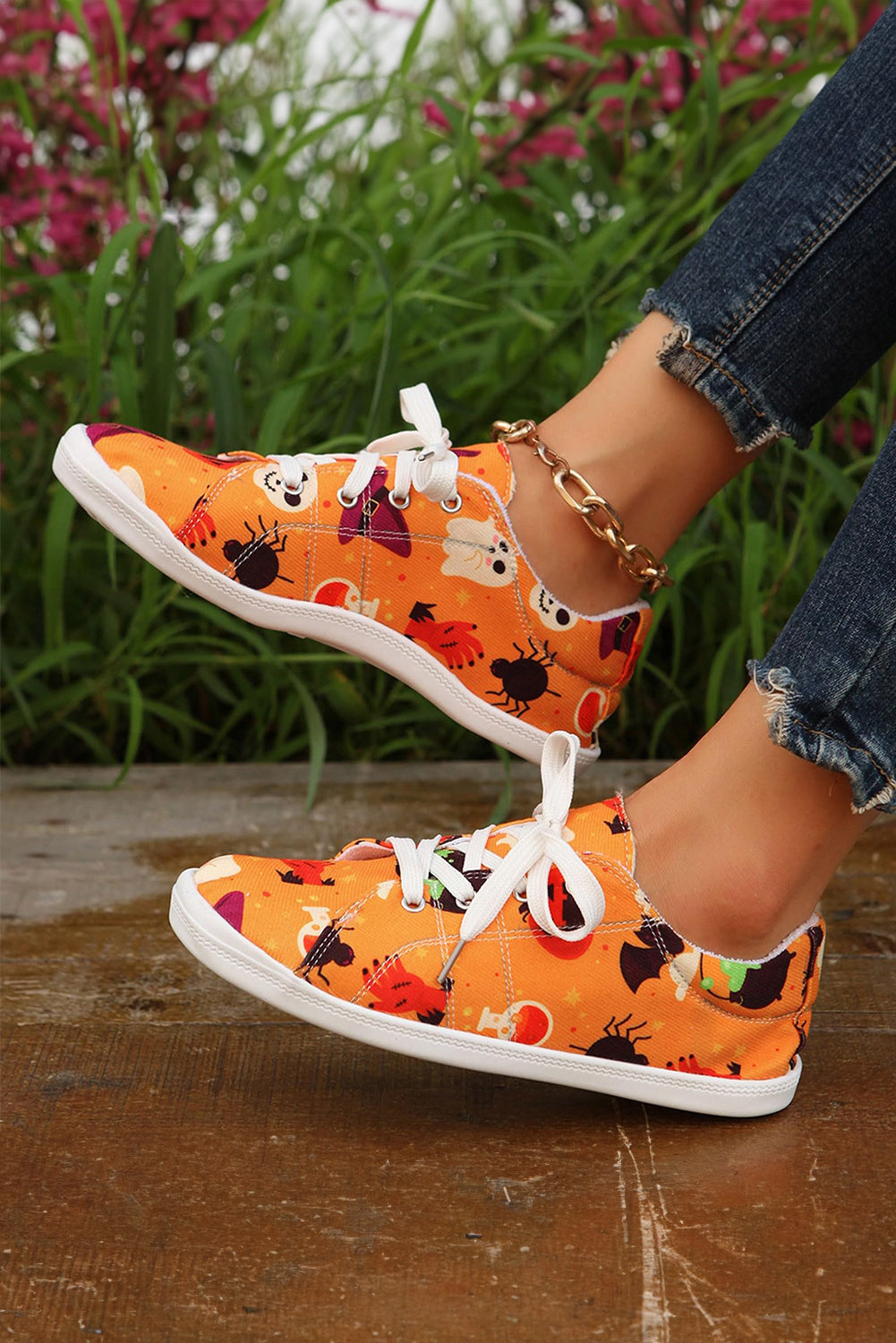 Orange Halloween Pumpkin Ghost Print Lace-up Flat Shoes Women's Shoes JT's Designer Fashion