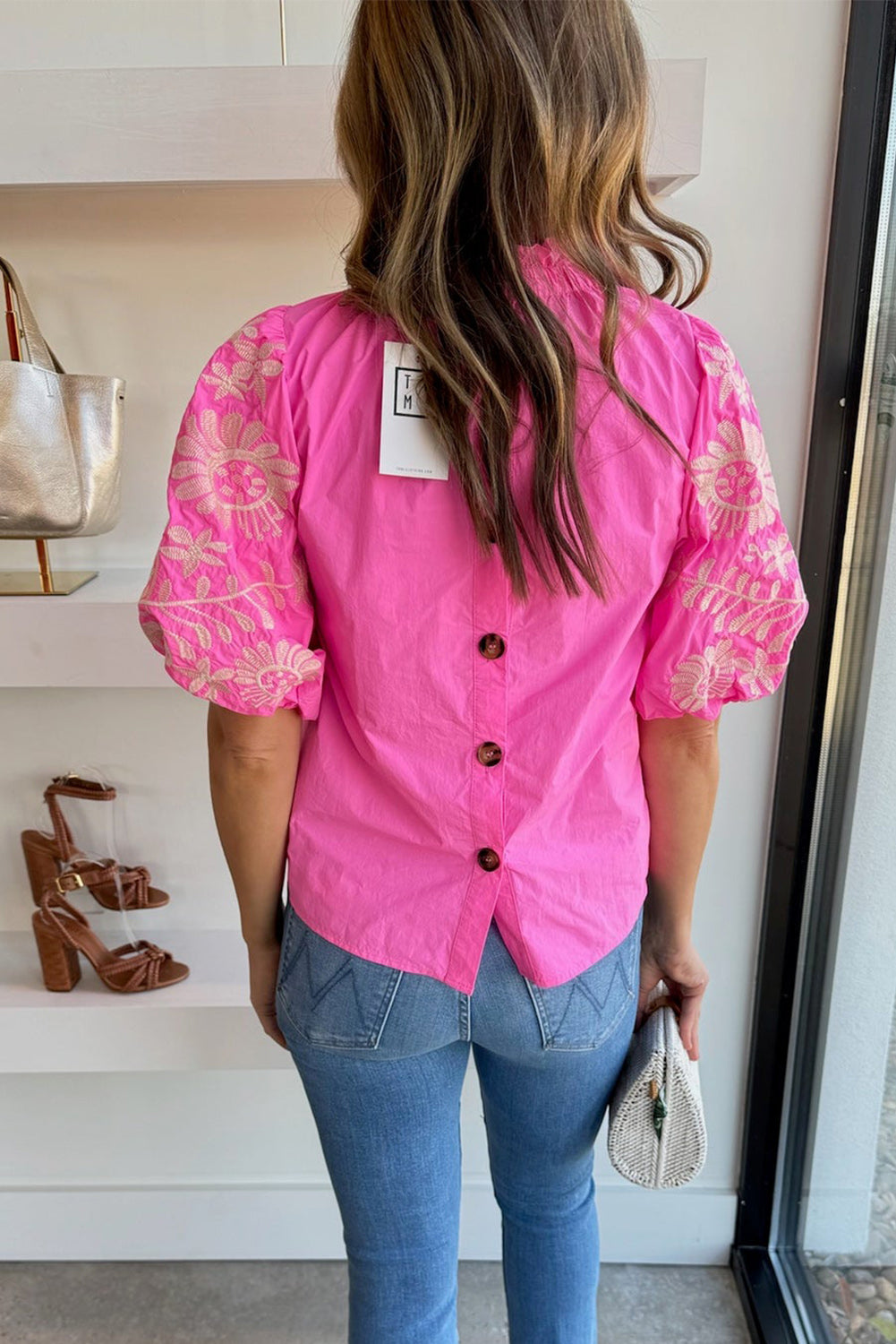 Bright Pink Frilled Floral Embroidered Puff Sleeve Blouse Pre Order Tops JT's Designer Fashion