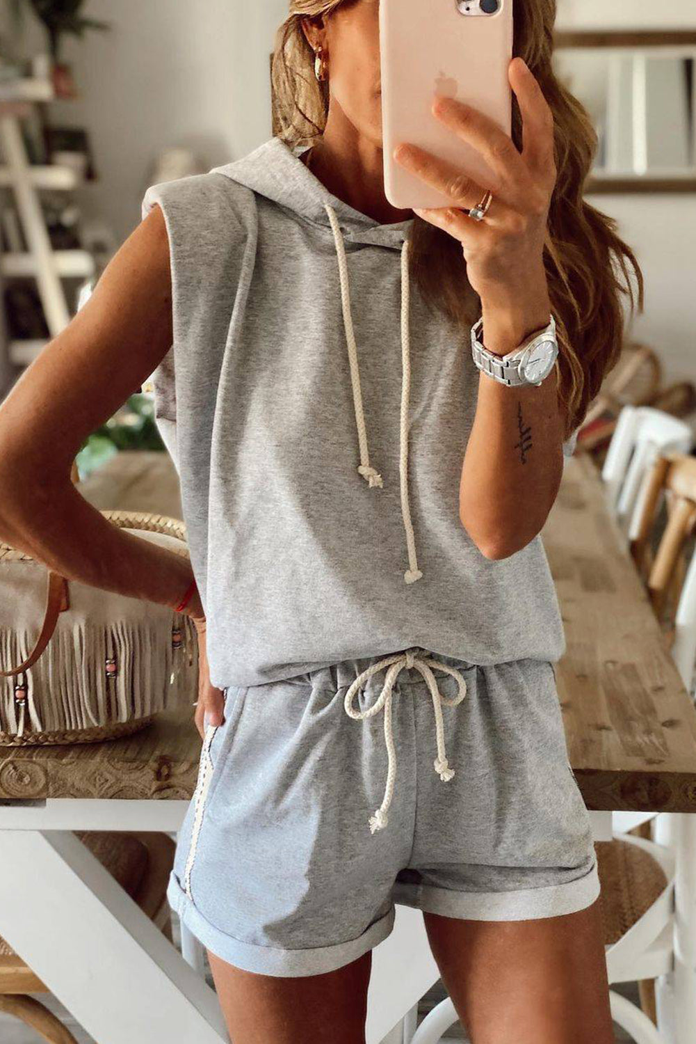 Gray Drawstring Sleeveless Hoodie and Shorts Set Pre Order Bottoms JT's Designer Fashion