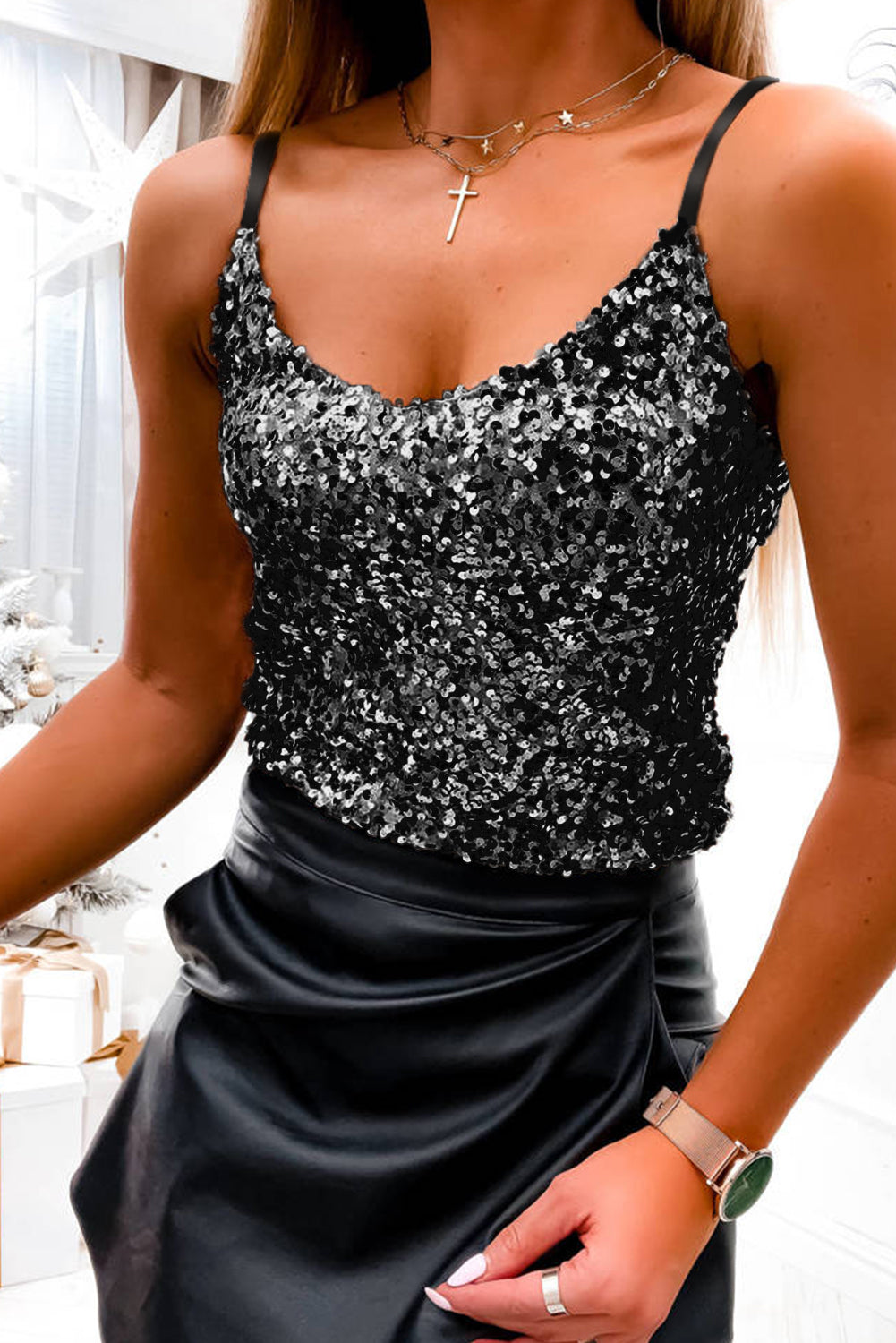 Black Sequined Adjustable Spaghetti Straps Tank Top Pre Order Tops JT's Designer Fashion