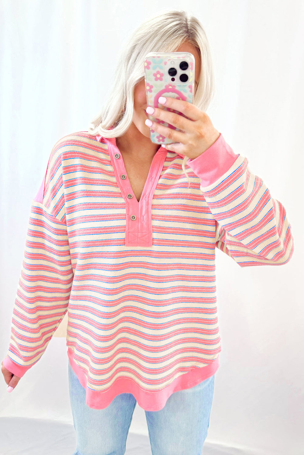 Pink Stripe Buttoned V Neck Collared Drop Shoulder Top Long Sleeve Tops JT's Designer Fashion