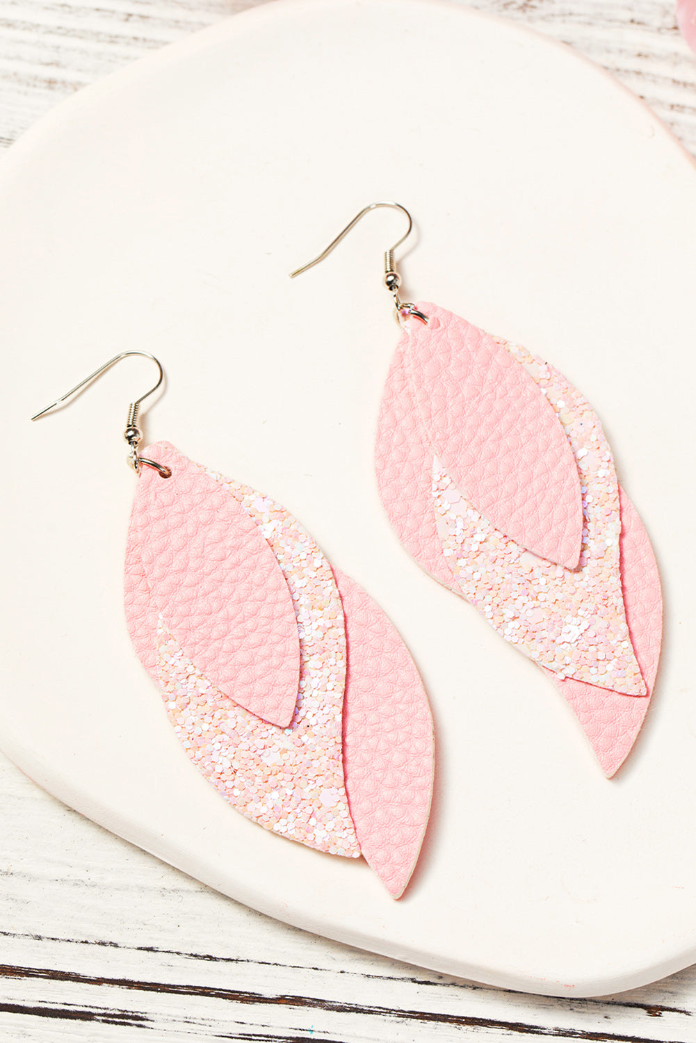 Light Pink Valentine PU Leaves Layered Earrings Jewelry JT's Designer Fashion