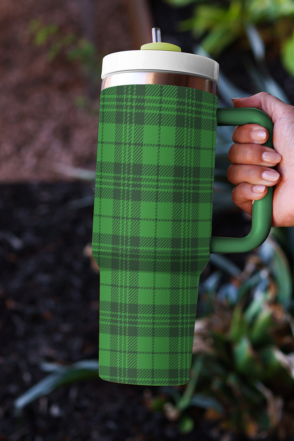 Dark Green Plaid Print Handle Stainless Vacuum Cup 1200ML Tumblers JT's Designer Fashion