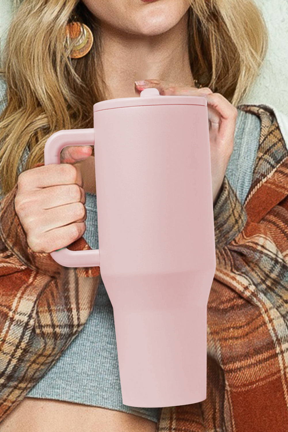 Light Pink Frosted Stainless Handle Large Vacuum Cup with Straw 40oz Tumblers JT's Designer Fashion