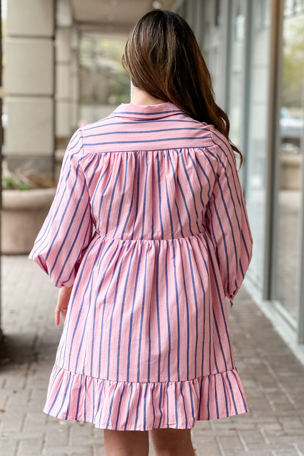 Pink Stripe Ruffled Hem Button-up Collared Shirt Mini Dress Mini Dresses JT's Designer Fashion