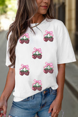White Sequin Bow Strawberry Graphic Crew Neck T Shirt Graphic Tees JT's Designer Fashion