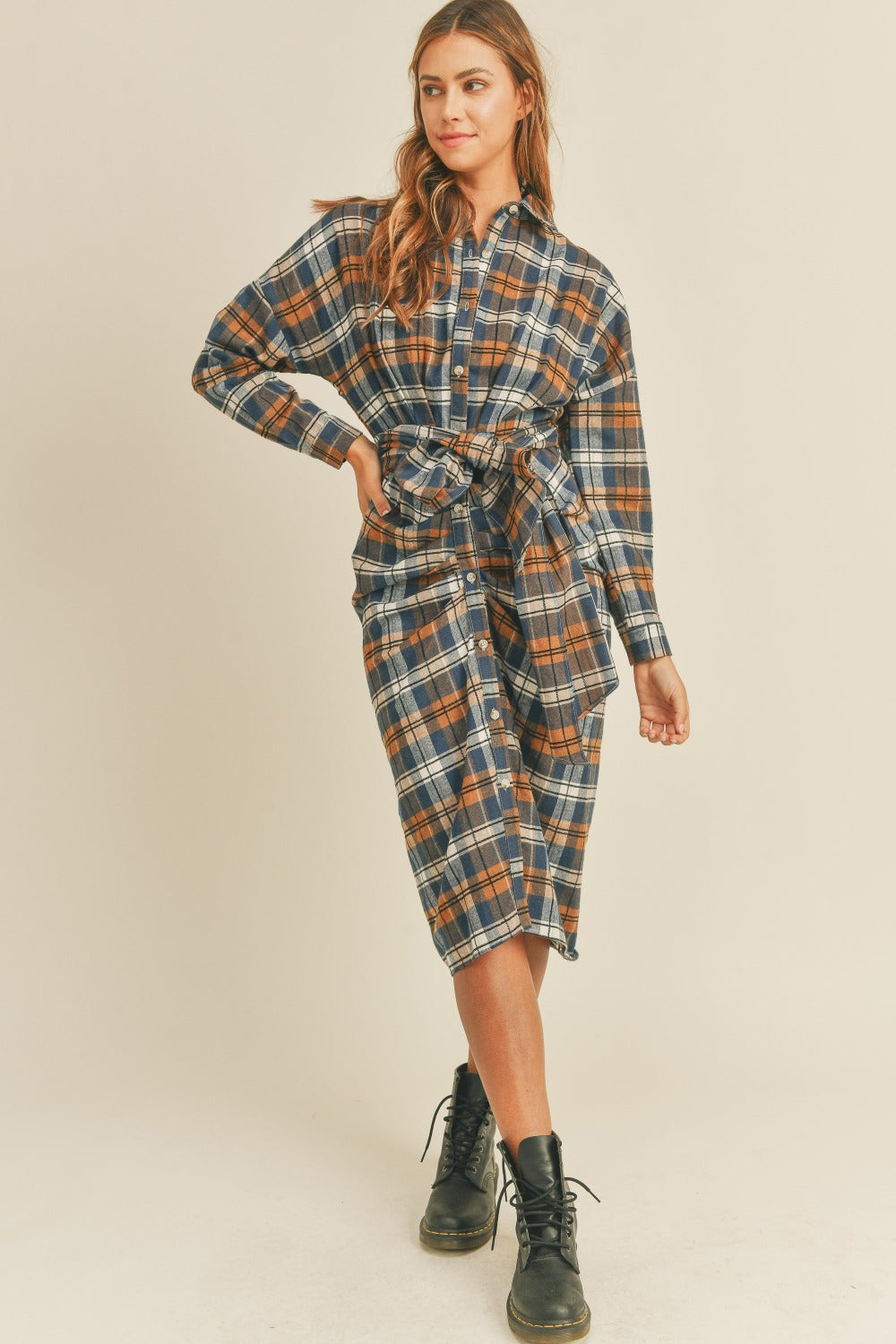 Plaid Flannel Front Tie Button Down Shirt Dress T Shirt Dresses JT's Designer Fashion