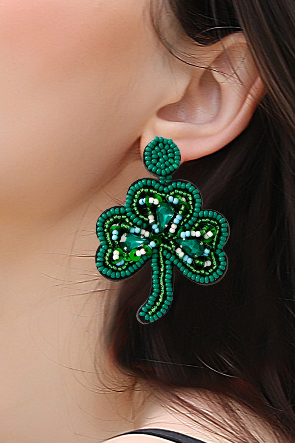 Blackish Green St Patrick Shamrock Rice Beaded Stud Earrings Jewelry JT's Designer Fashion