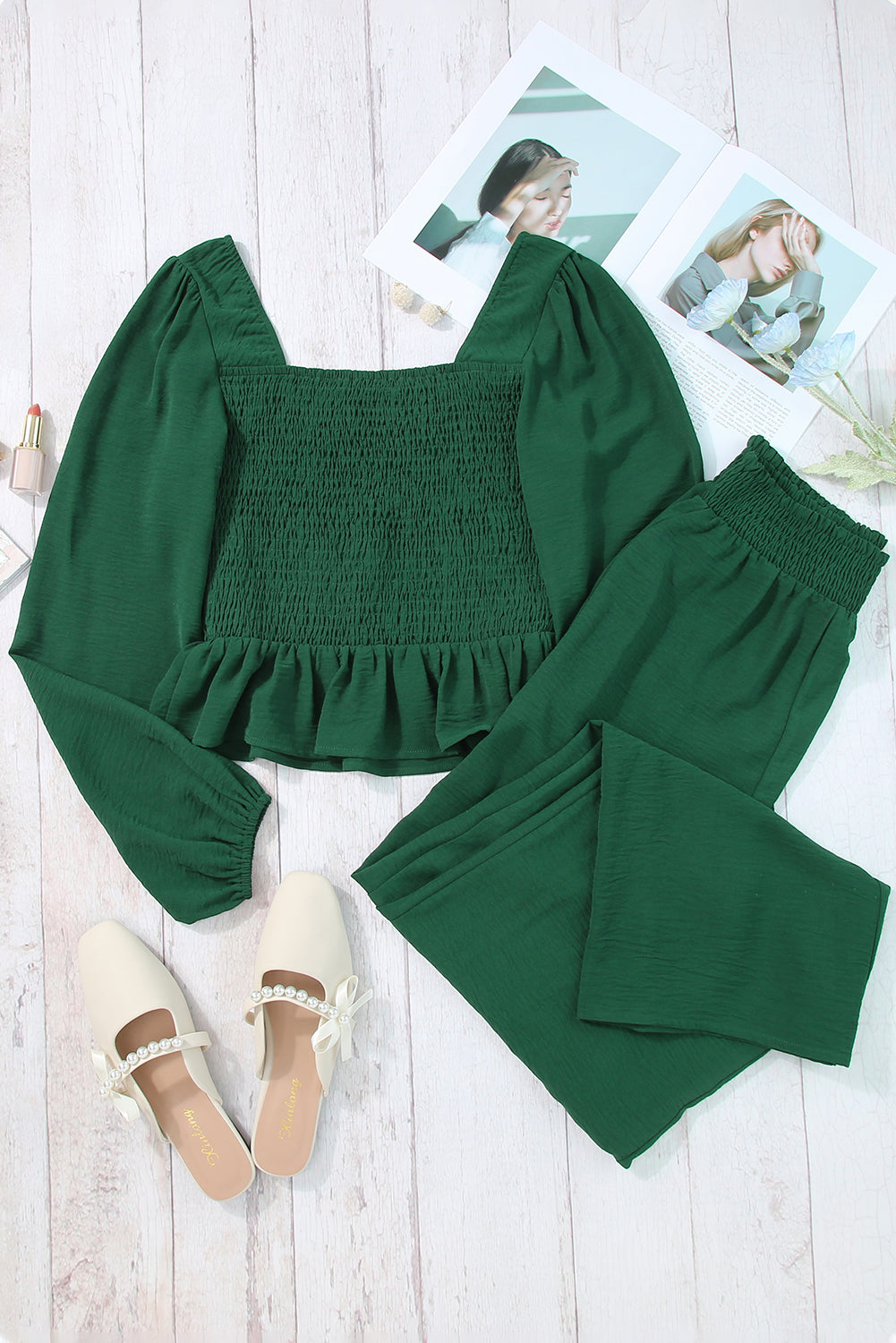 Green Square Neck Smocked Peplum Top and Pants Set Pant Sets JT's Designer Fashion