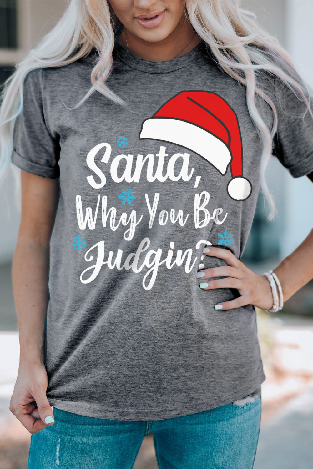 Gray Christmas Santa Hat Snowflake Slogan Graphic Tee Graphic Tees JT's Designer Fashion