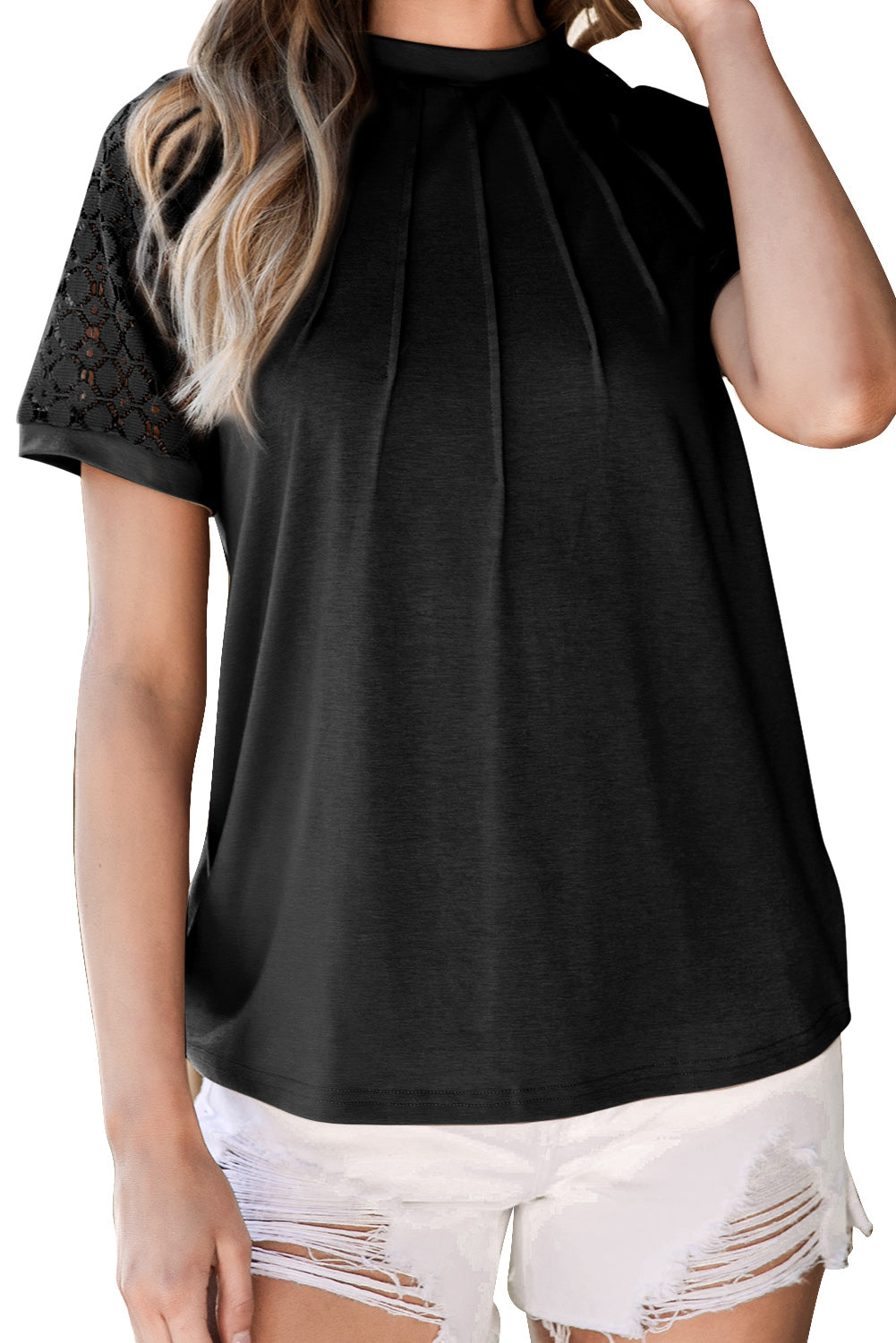 Black Seamed Detail Contrast Lace Raglan Sleeve Tee Pre Order Tops JT's Designer Fashion