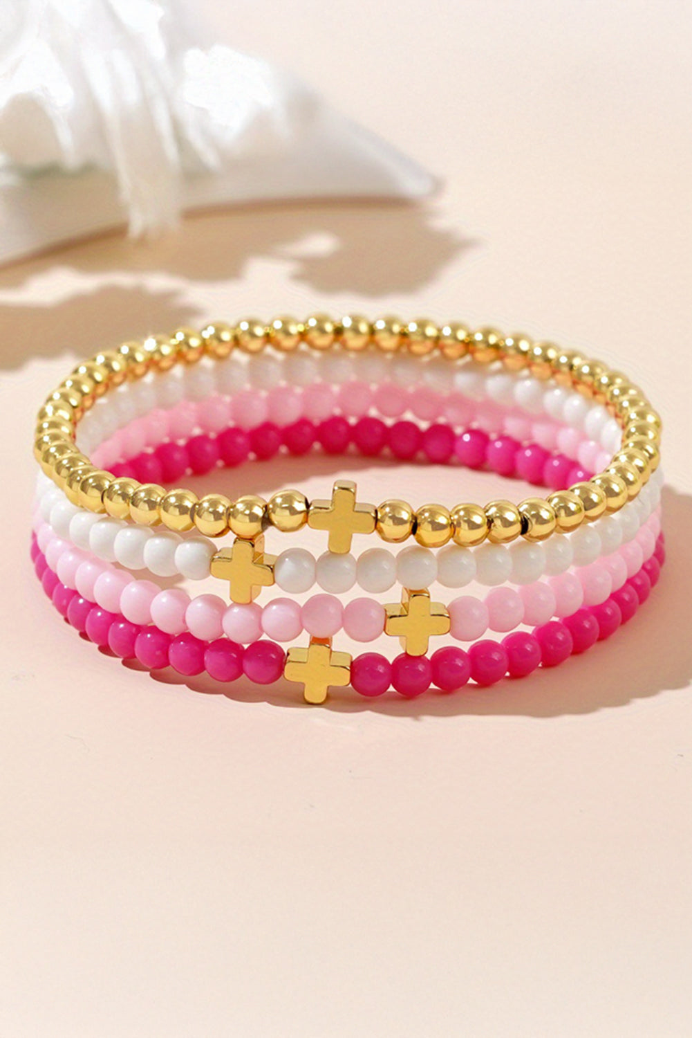 Gold Cross Beaded Multi Layered Elastic Bracelet Set Jewelry JT's Designer Fashion