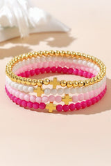 Gold Cross Beaded Multi Layered Elastic Bracelet Set Jewelry JT's Designer Fashion