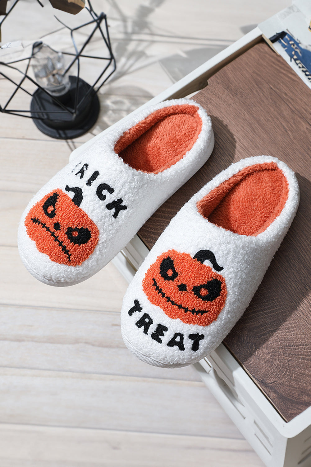 White Halloween Pumpkin Trick Or Treat Plush Slippers Slippers JT's Designer Fashion