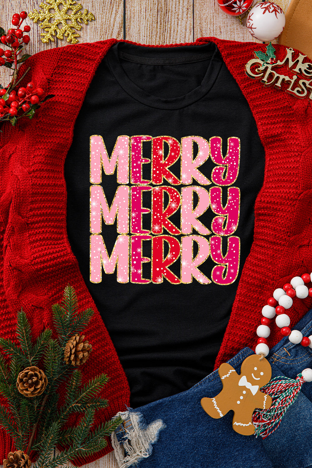 Black Heat Transfer Printing MERRY Letter Christmas Graphic Tee Graphic Sweatshirts JT's Designer Fashion