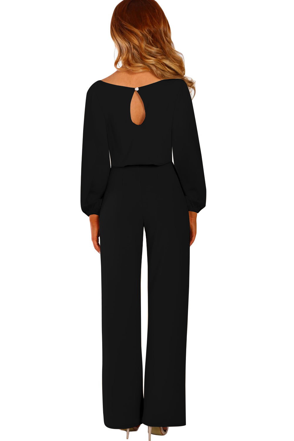 Black Boat Neck Bubble Sleeve Straight Legs Jumpsuit with Belt Tie Jumpsuits & Rompers JT's Designer Fashion