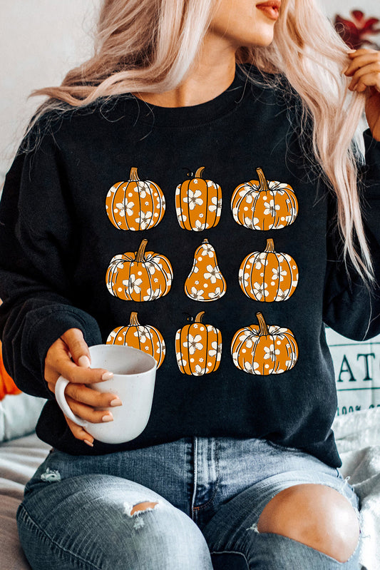 Black Floral Pumpkin Graphic Round Neck Halloween Sweatshirt Black 50%Polyester+50%Cotton Graphic Sweatshirts JT's Designer Fashion