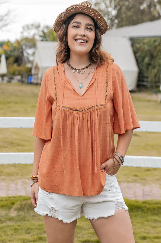 Plus Size Ruched Tie Neck Half Sleeve Blouse Tangerine Blouses & Shirts JT's Designer Fashion