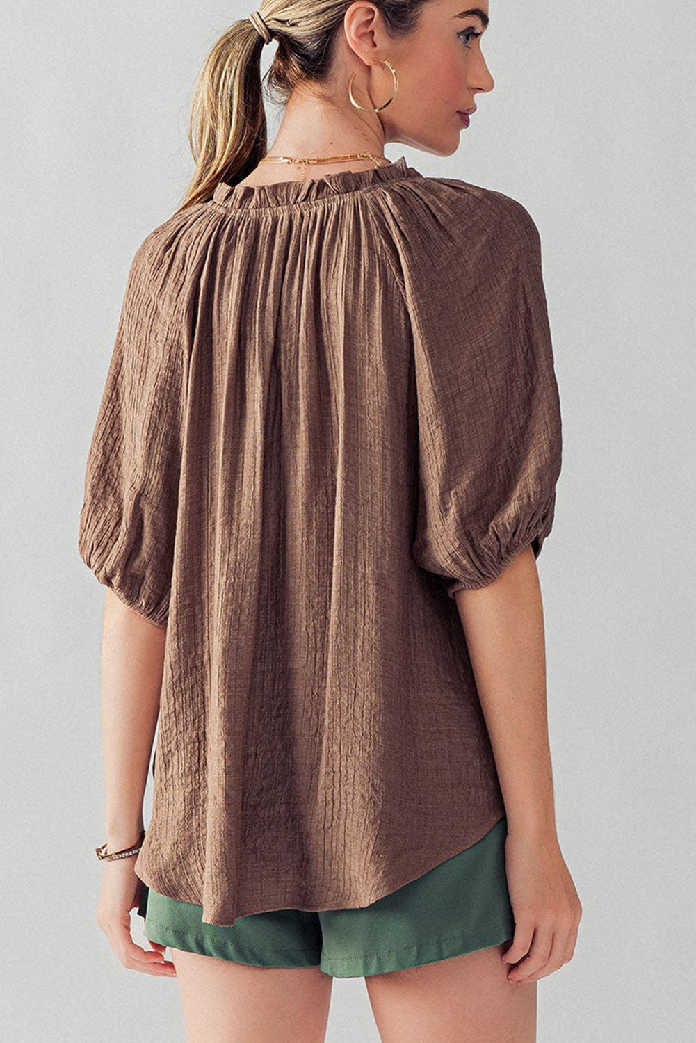 Chicory Coffee Frill Split Neck Puff Sleeve Crinkle Blouse Tops & Tees JT's Designer Fashion