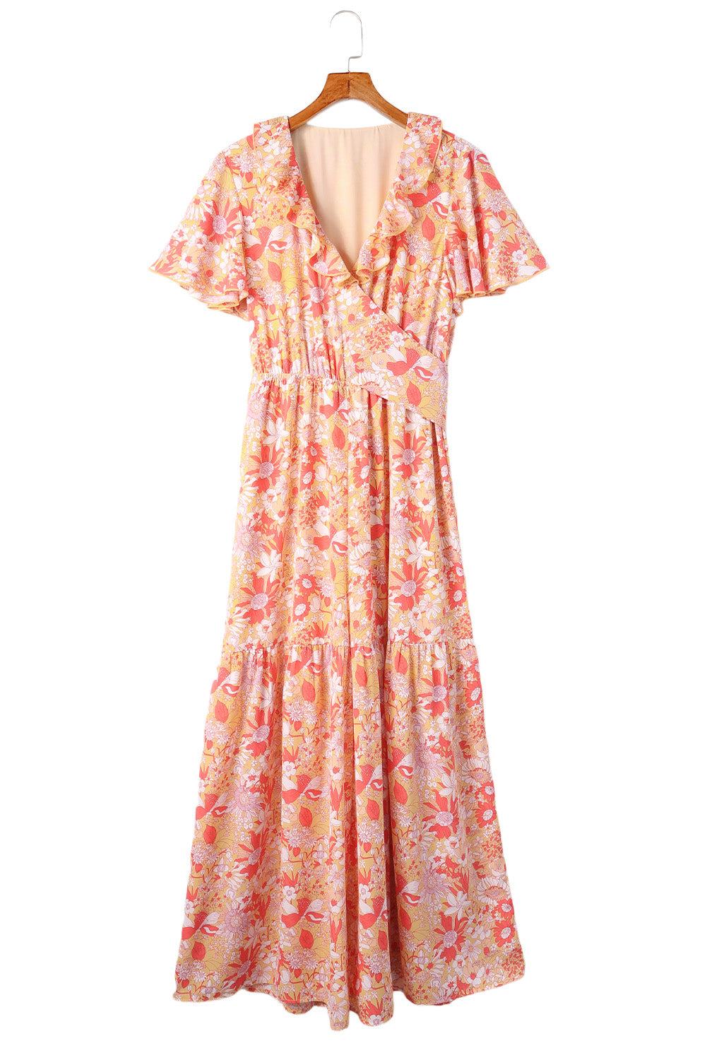 Orange Floral Print Ruffled V Neck High Waist Jumpsuit Jumpsuits & Rompers JT's Designer Fashion