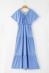 Sky Blue Textured V Neck Flutter Sleeve Ruffled Maxi Dress Maxi Dresses JT's Designer Fashion