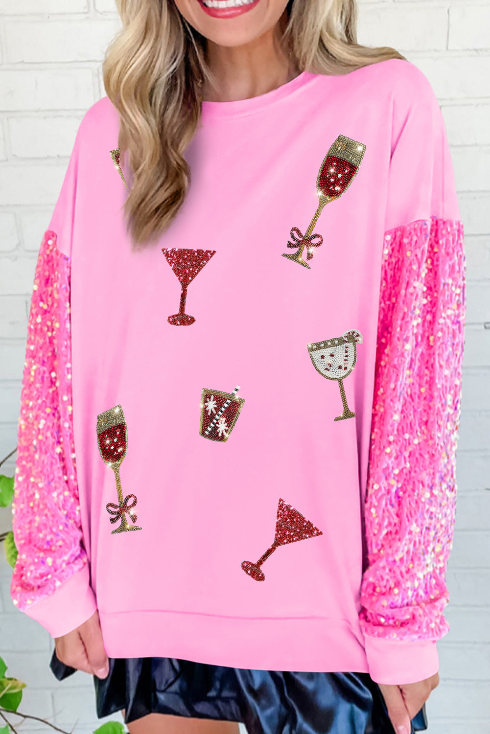 Pink Glitter Drinks Graphic Drops Shoulder Sequin Sleeve Top Graphic Sweatshirts JT's Designer Fashion