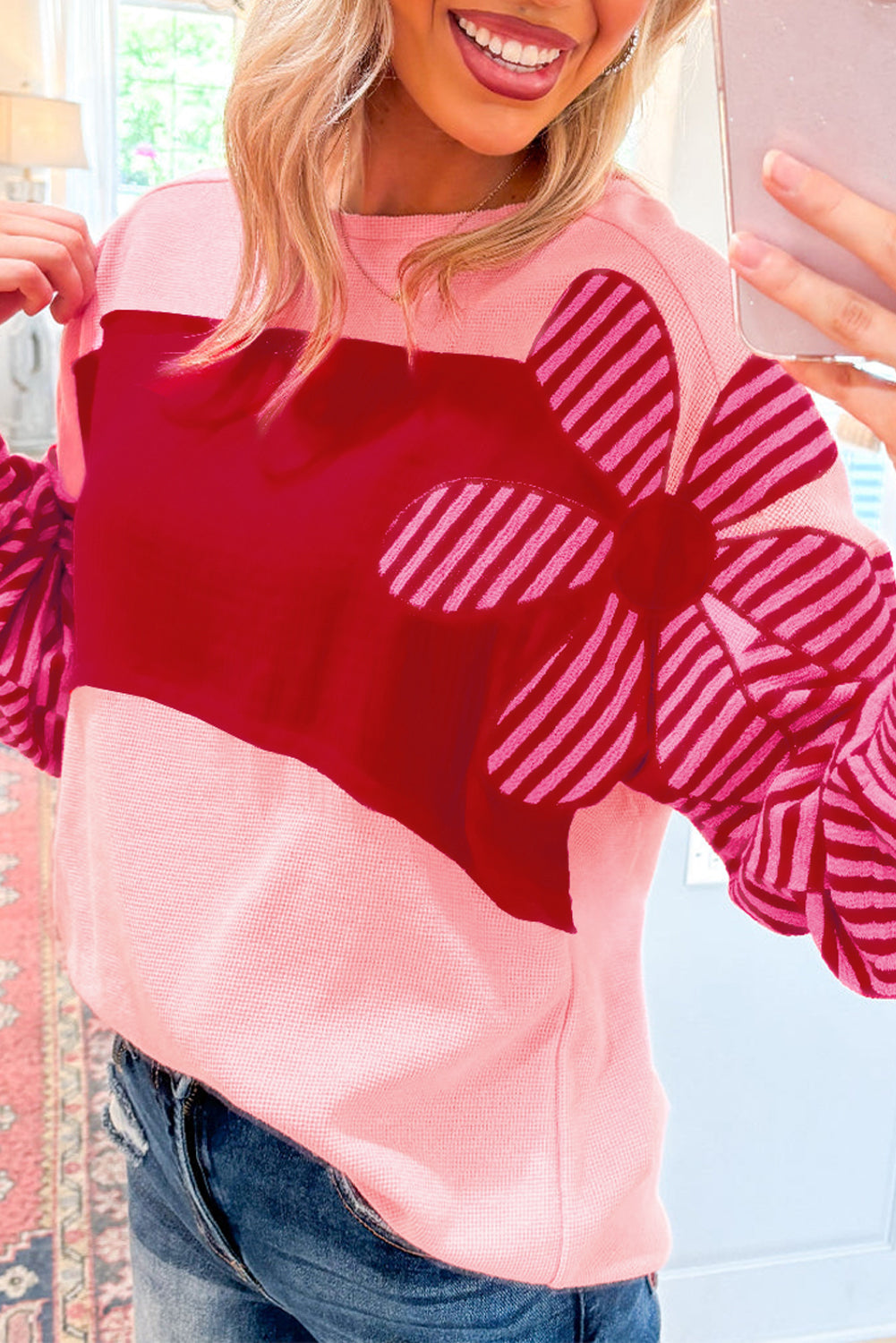 Pink Floral Patch Color Block Striped Sleeve Textured Top Long Sleeve Tops JT's Designer Fashion