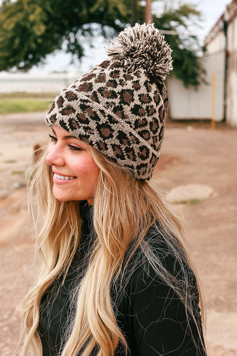 Brown Leopard Pattern Knit Pompom Hat Hats & Caps JT's Designer Fashion