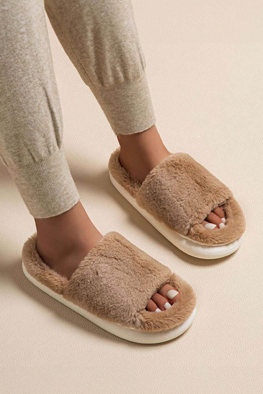 Chestnut Furry Open Toe Thick Sole Slippers Slippers JT's Designer Fashion