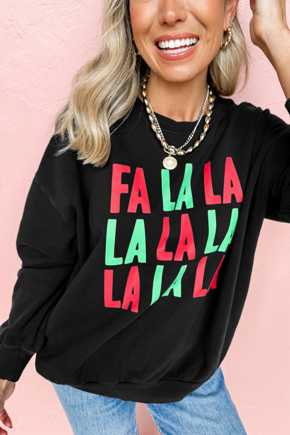 Black FA LA LA Christmas Letter Graphic Sweatshirt Black 50%Polyester+50%Cotton Graphic Sweatshirts JT's Designer Fashion