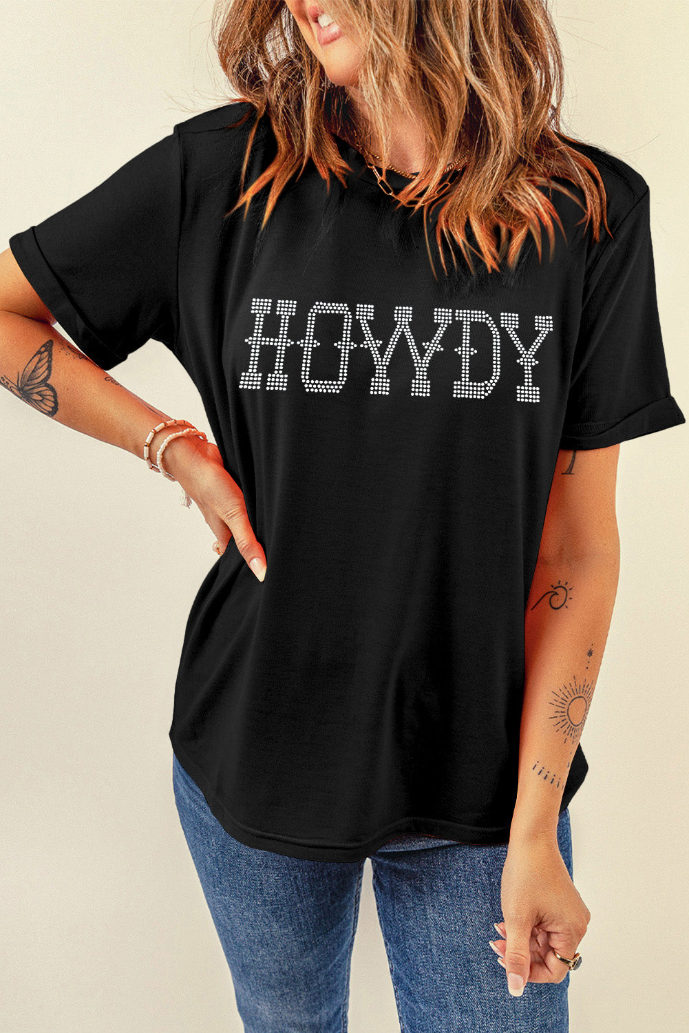 Black HOWDY Rhinestone Slim Fit Crew Neck T Shirt Graphic Tees JT's Designer Fashion