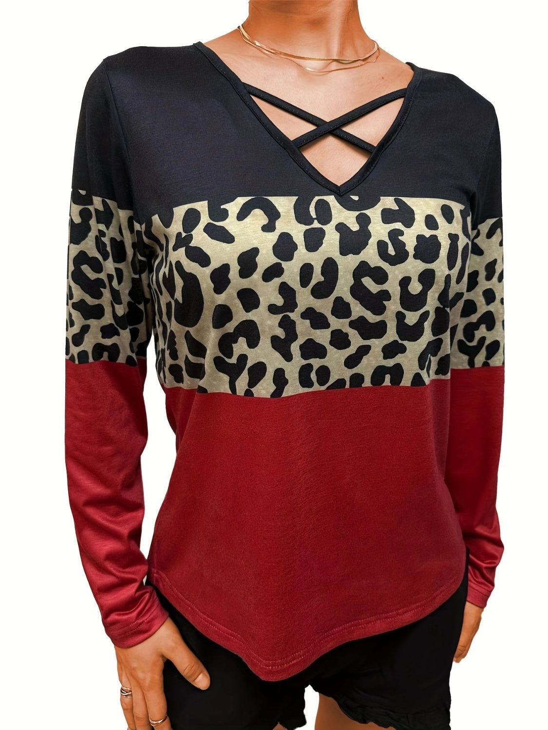 Crisscross Color Block Long Sleeve T-Shirt Long Sleeve Tops JT's Designer Fashion