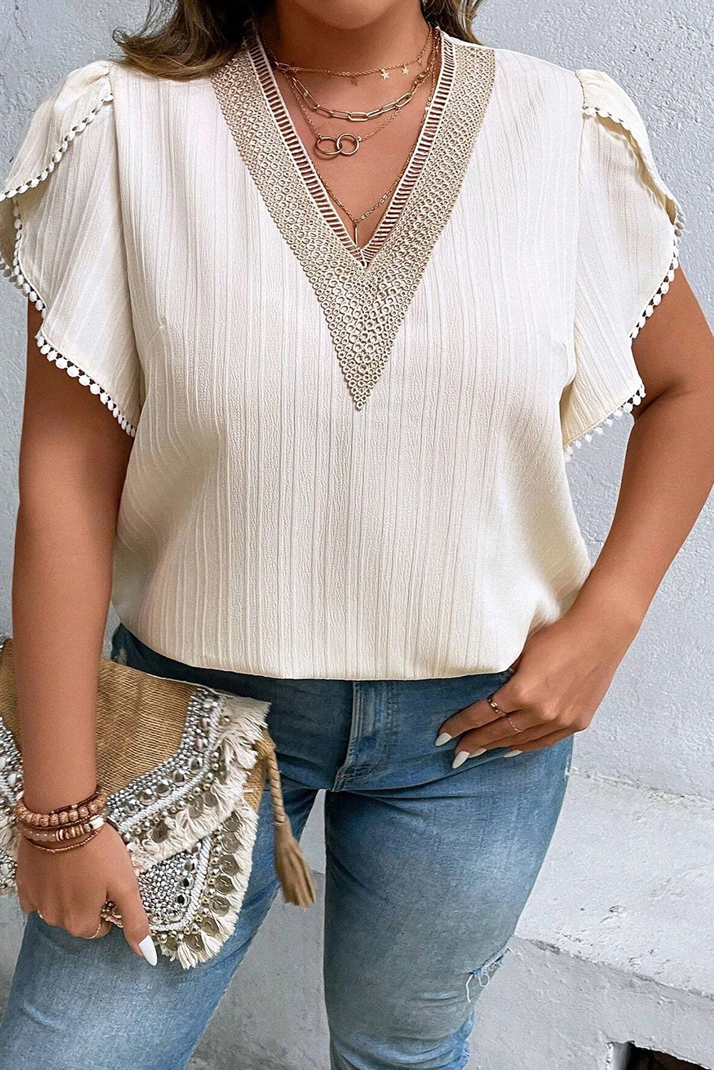 Beige Contrast Embroidered V Neck Wrap Sleeve Textured Plus Blouse Plus Size JT's Designer Fashion