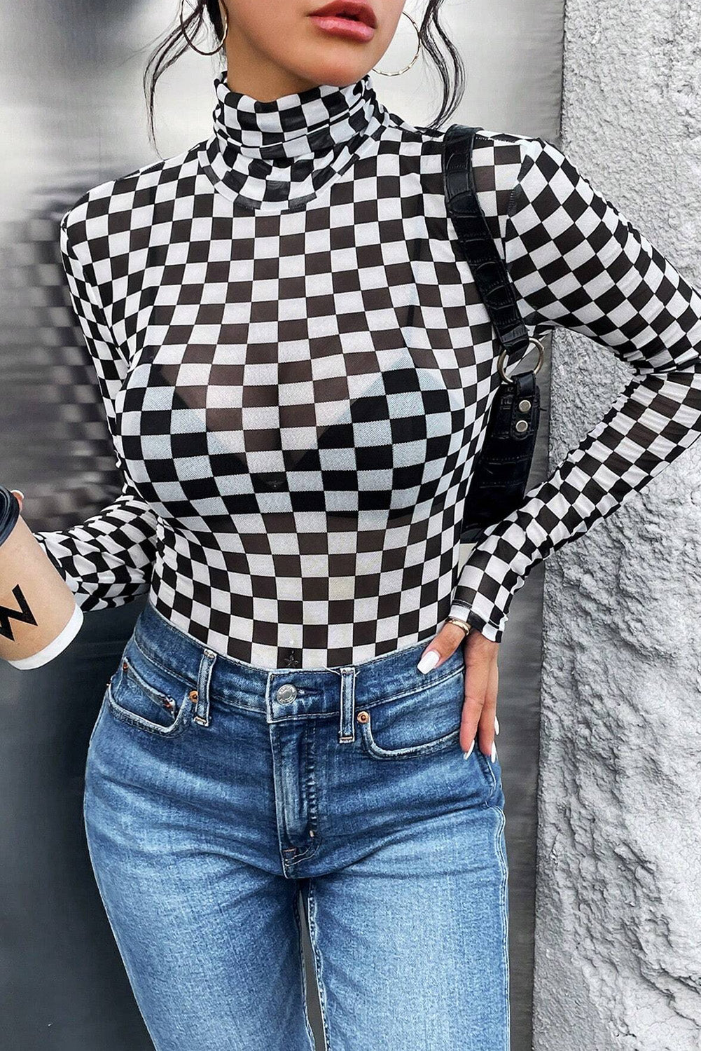 Black Checkered Printed Long Sleeve High Neck Bodysuit Bodysuits JT's Designer Fashion