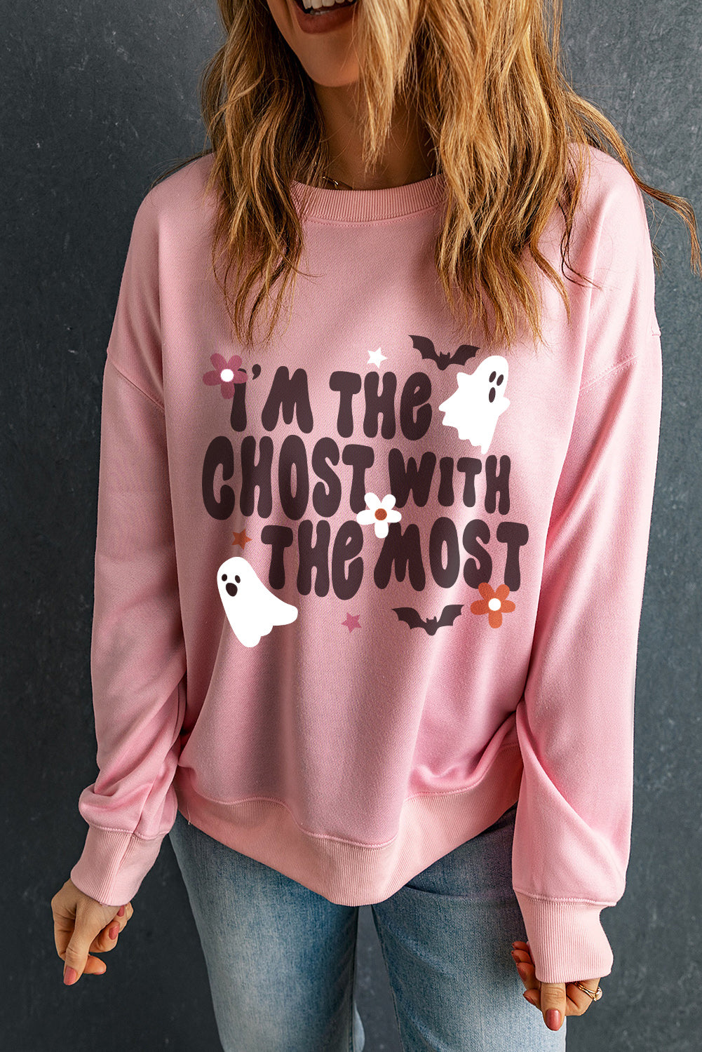 Pink Halloween Slogan Ghost Bat Graphic Drop Shoulder Sweatshirt Graphic Sweatshirts JT's Designer Fashion