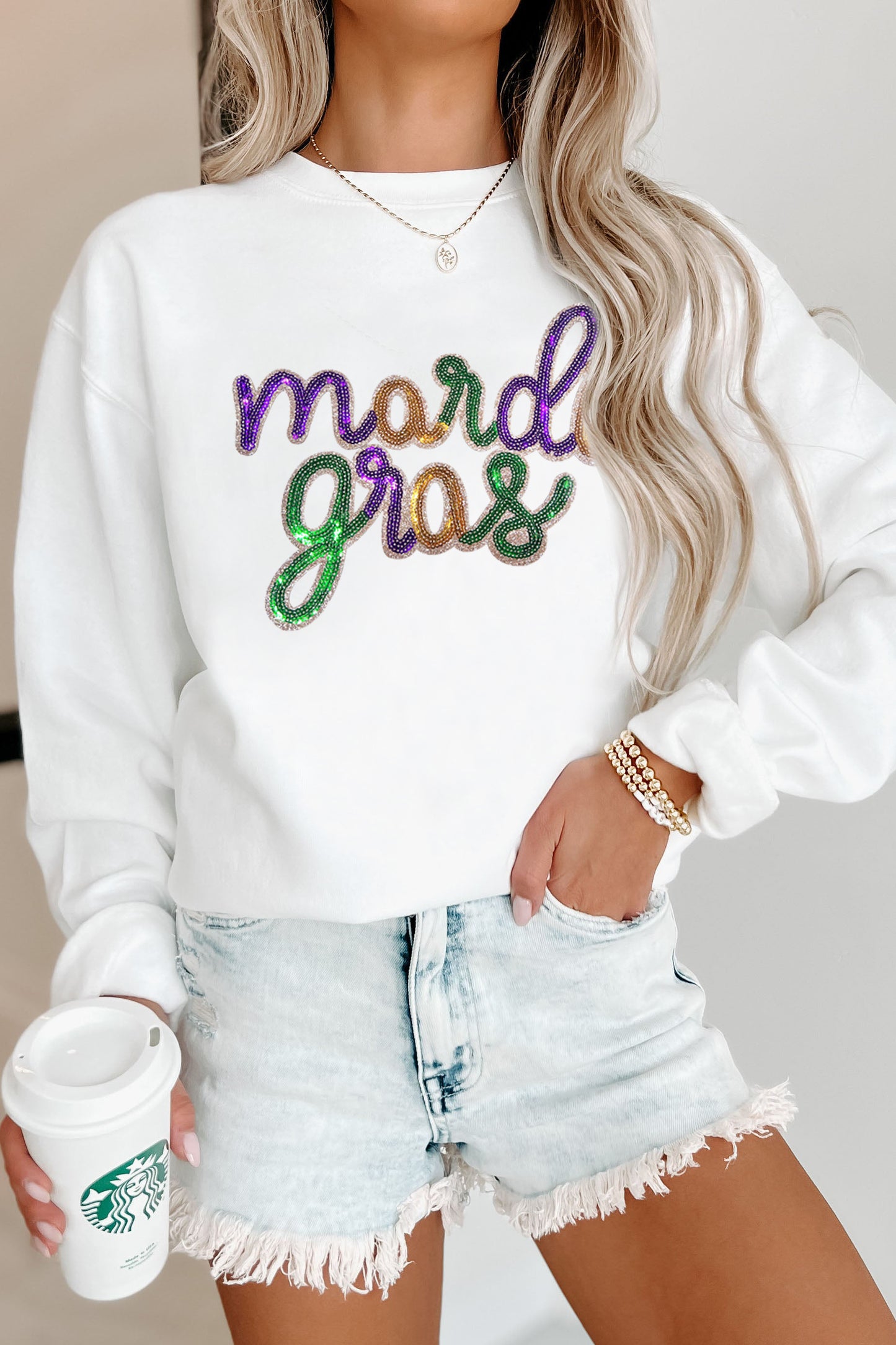 White Sequined mardi gras Graphic Crew Neck Drop Shoulder Sweatshirt Graphic Sweatshirts JT's Designer Fashion