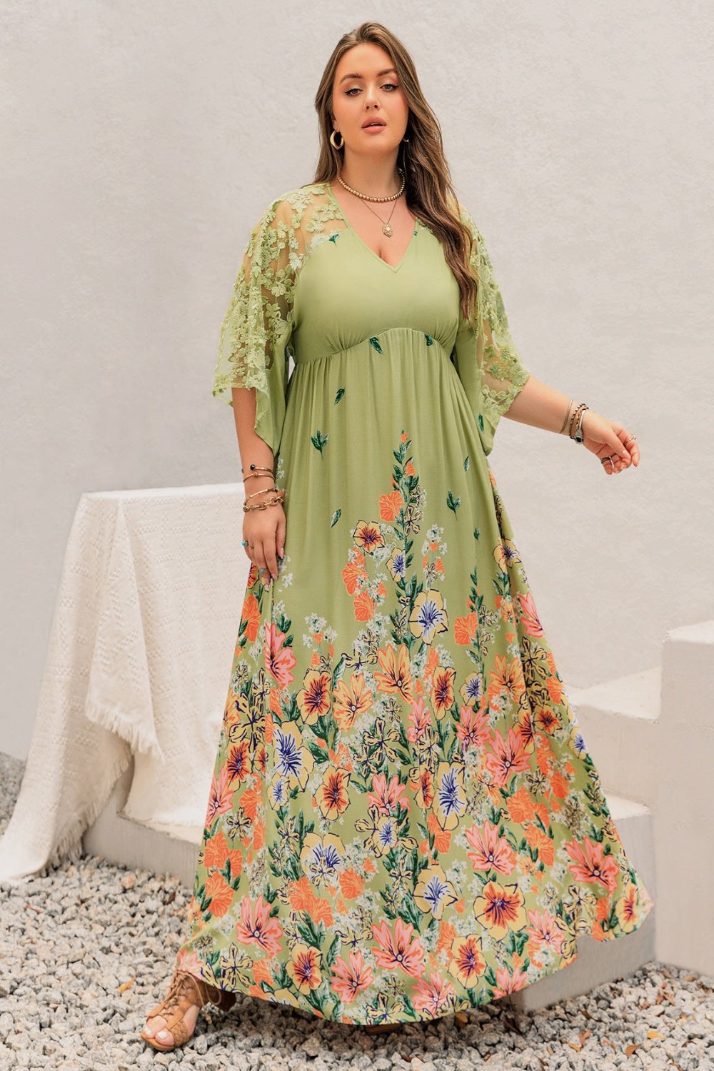 Plus Size Lace Detail Floral Half Sleeve Dress Sage Maxi Dresses JT's Designer Fashion