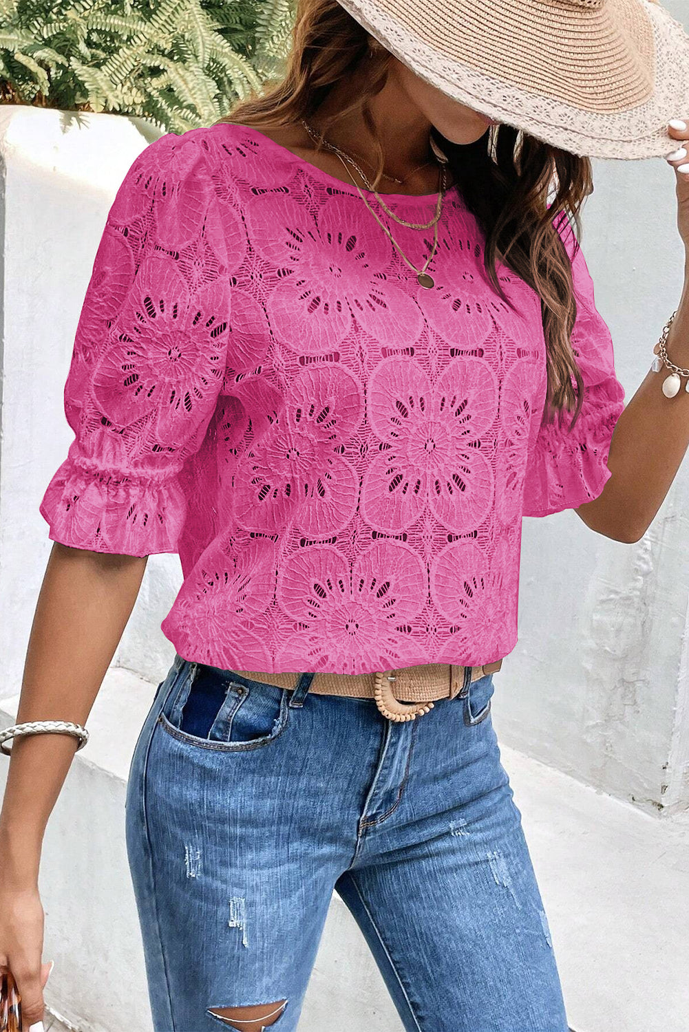 Bright Pink Flower Eyelet Jacquard Keyhole Flounce Sleeve Top Tops & Tees JT's Designer Fashion